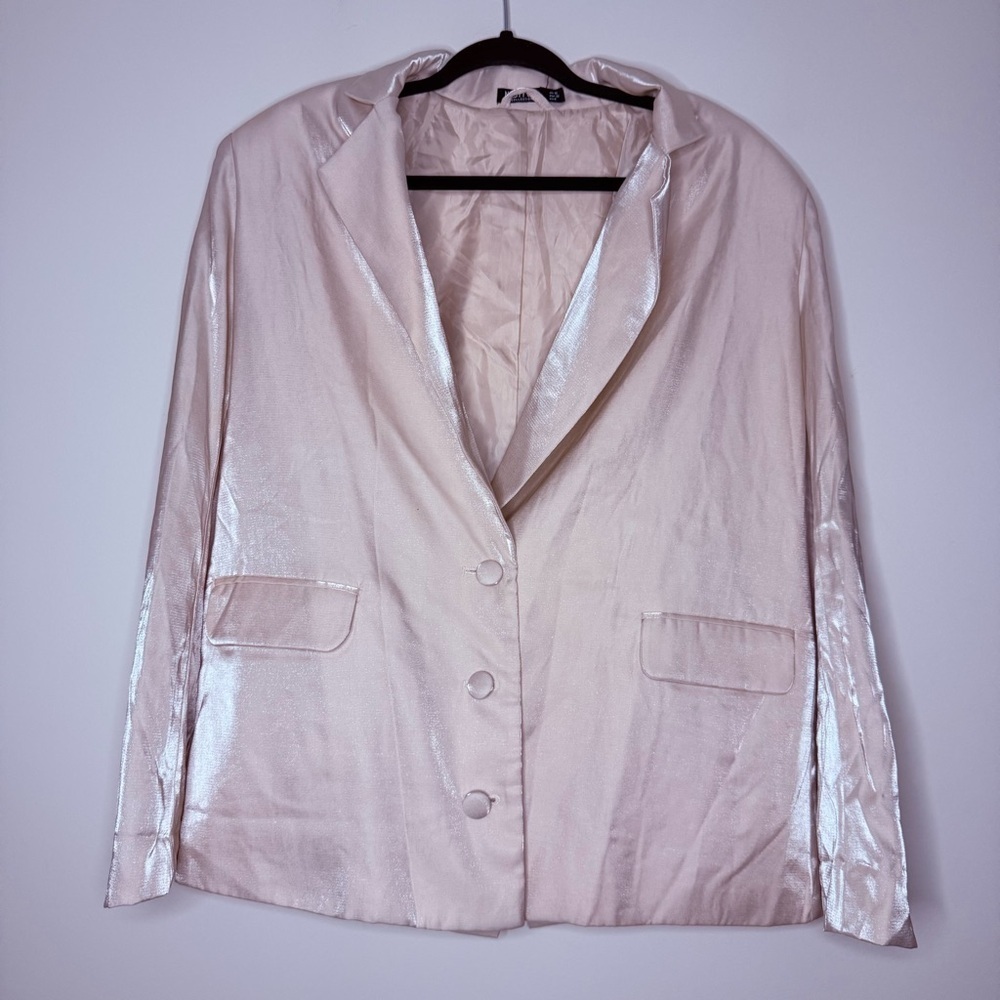 NASTY GAL Glass Fabric Satin Oversized Pockets Preppy Shoulder Pads Blazer